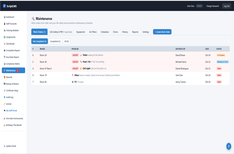 ScriptLMS Maintenance Work Orders tab listing five unfinished work orders, three marked urgent at the top - one In Progress, one Waiting on Parts, and one Open - followed by two regular open work orders